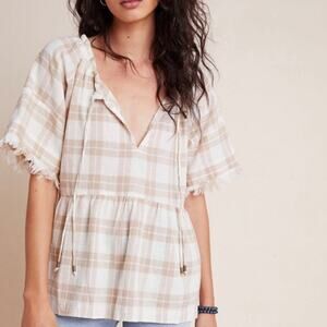 Anthropologie Pilcro The Bette Plaid Babydoll Top Linen Blend Size Small